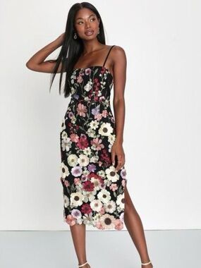 Lulu's Black Midi Dress with Multi-Color 3D Floral Embroidery